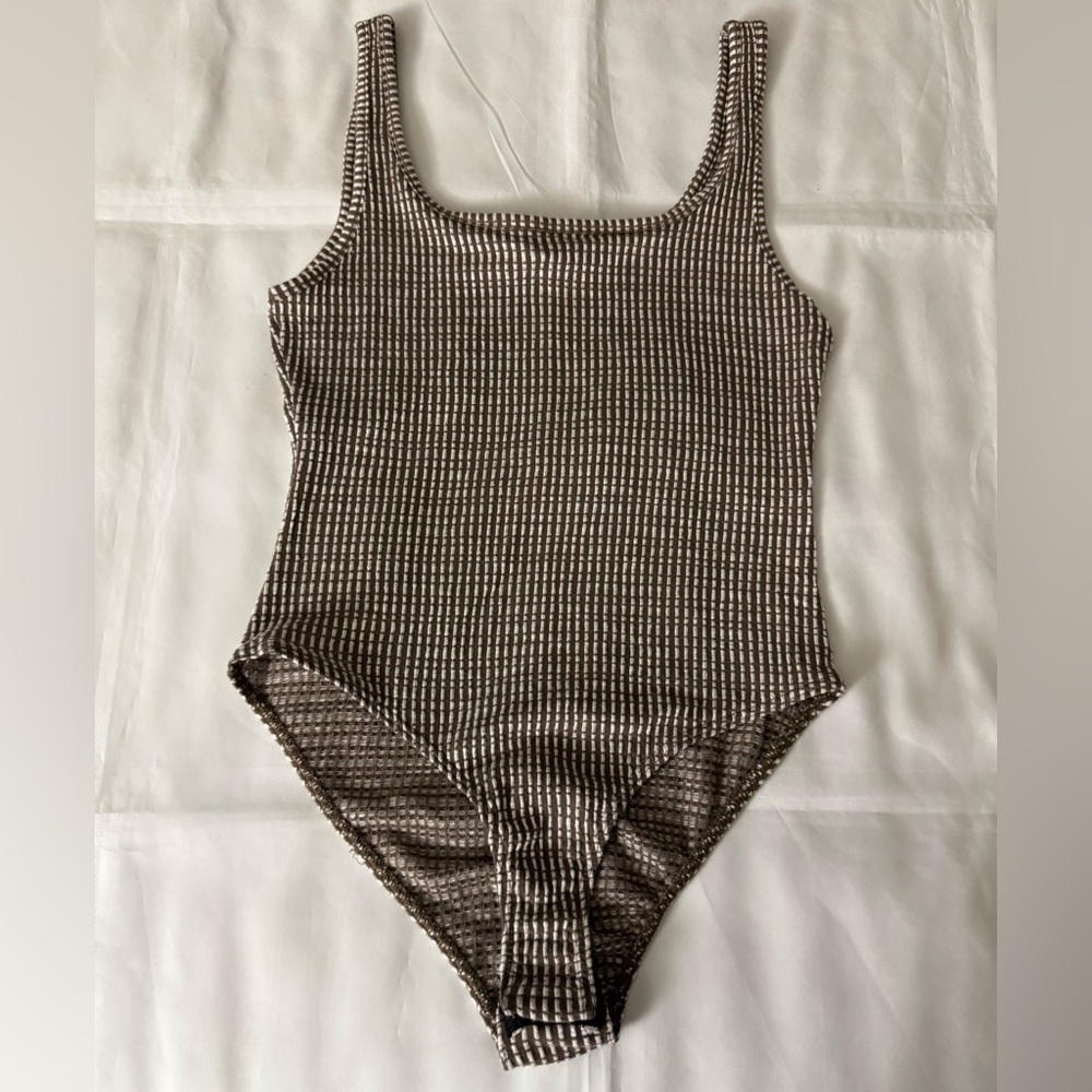 Caution to the Wind Textured Brown & White Tank Top Bodysuit